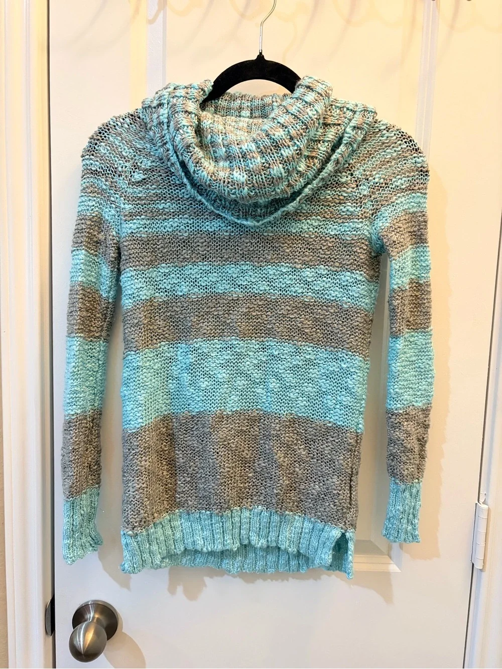Justice Girls’ Striped Hooded Knit Sweater - Turquoise and Gray Size 10
